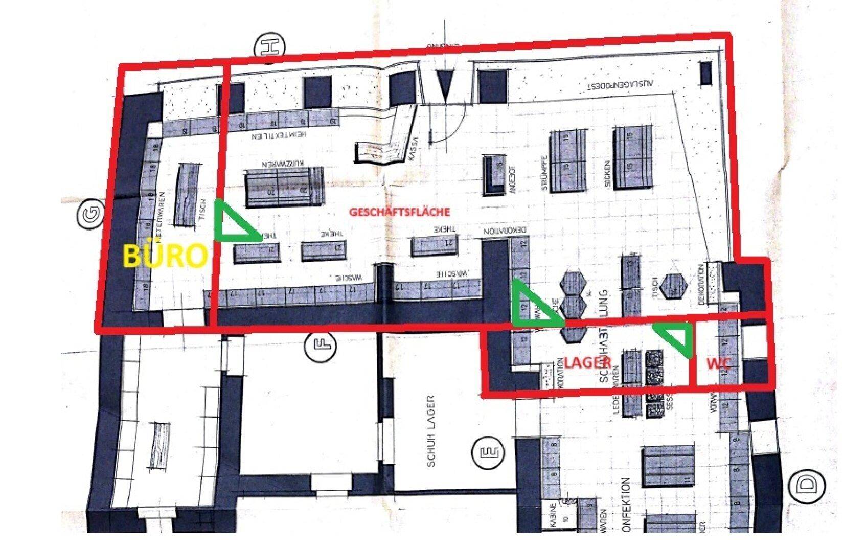Grundrissplan einer Geschäftsfläche mit Büro, Lager und WC-Bereich.