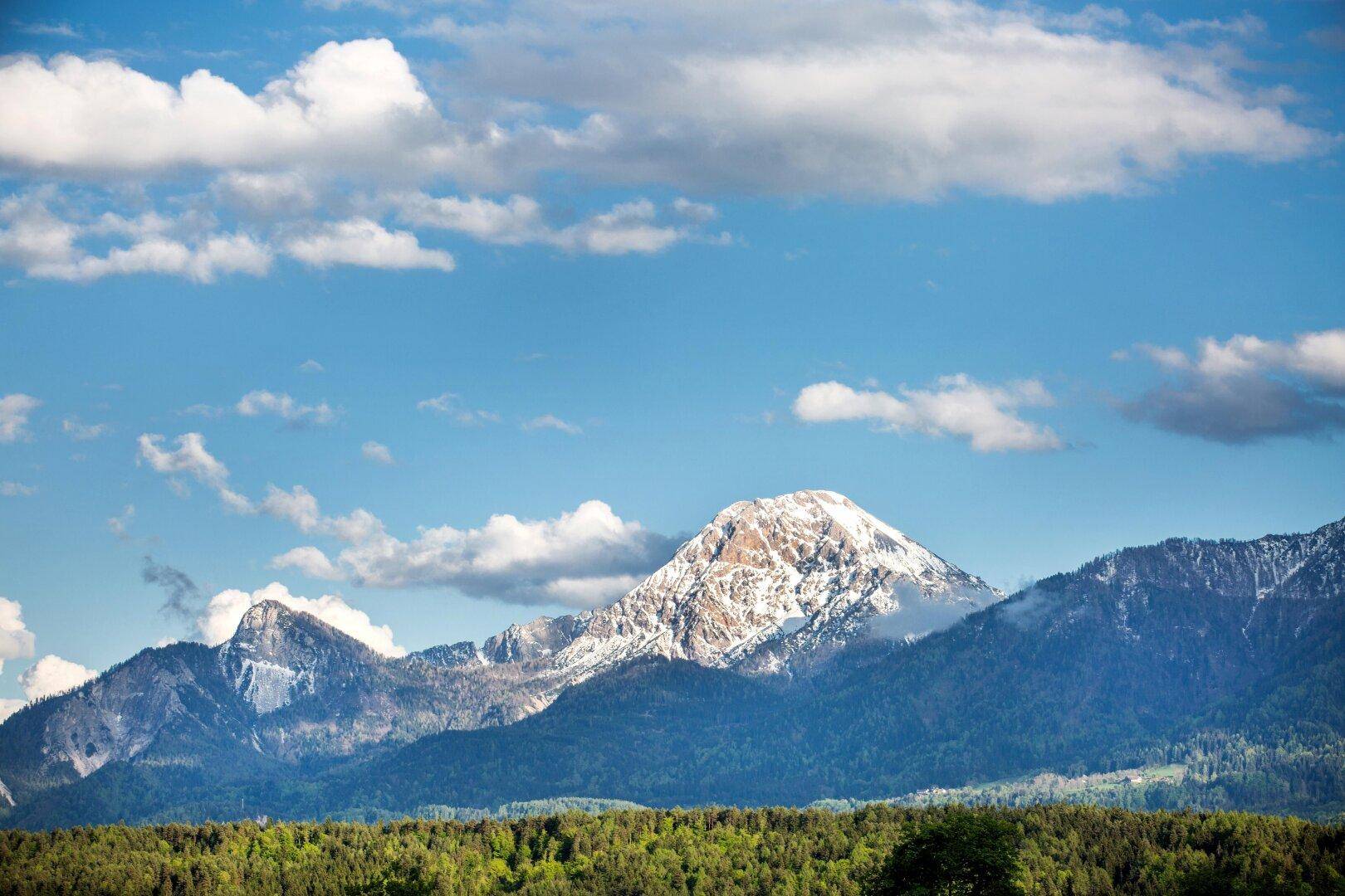 Eine majestätische Berglandschaft mit schneebedeckten Gipfeln und dichten Wäldern unter blauem Himmel.
