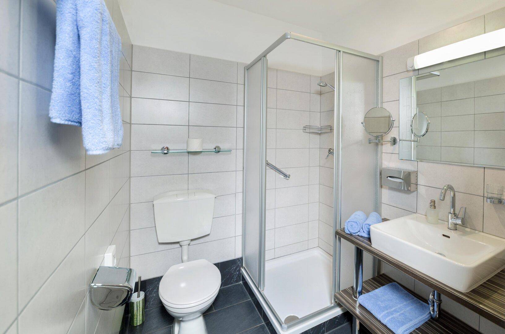 Helles Badezimmer mit Duschkabine, WC und modernem Waschbecken auf einer Holzablage.
