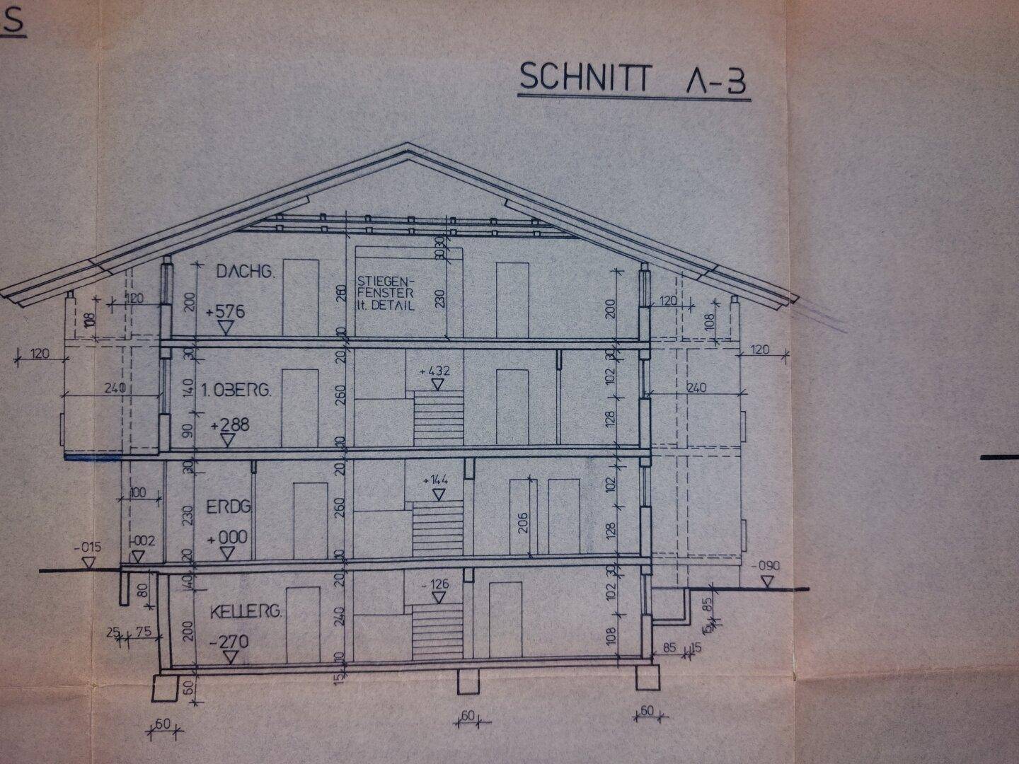Schnittzeichnung des Gebäudes zeigt Keller-, Erd-, Ober- und Dachgeschoss mit Dachschräge.