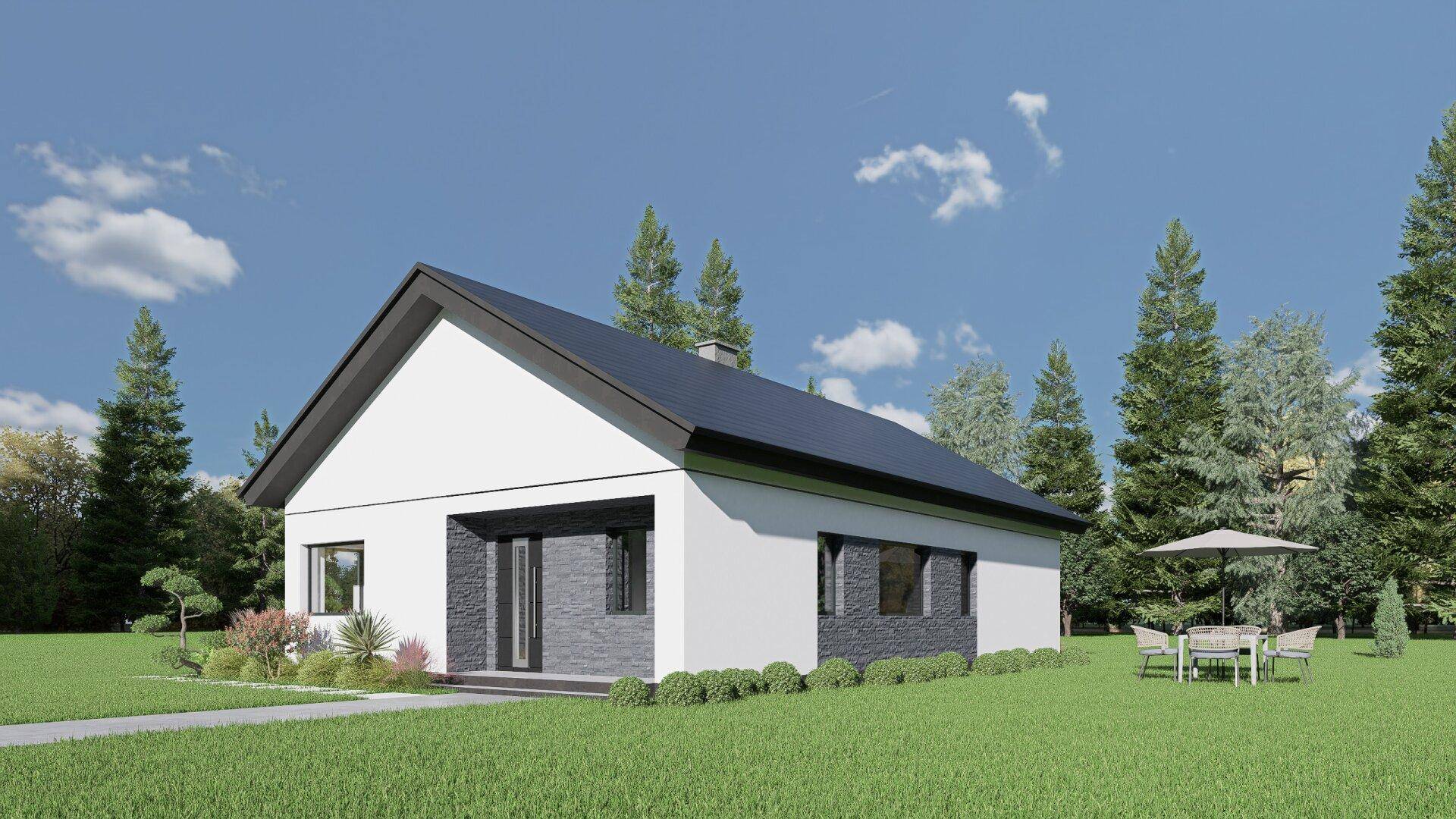 Moderne Hausansicht mit gepflegtem Rasen und einem Essbereich im Freien unter einem Sonnenschirm.