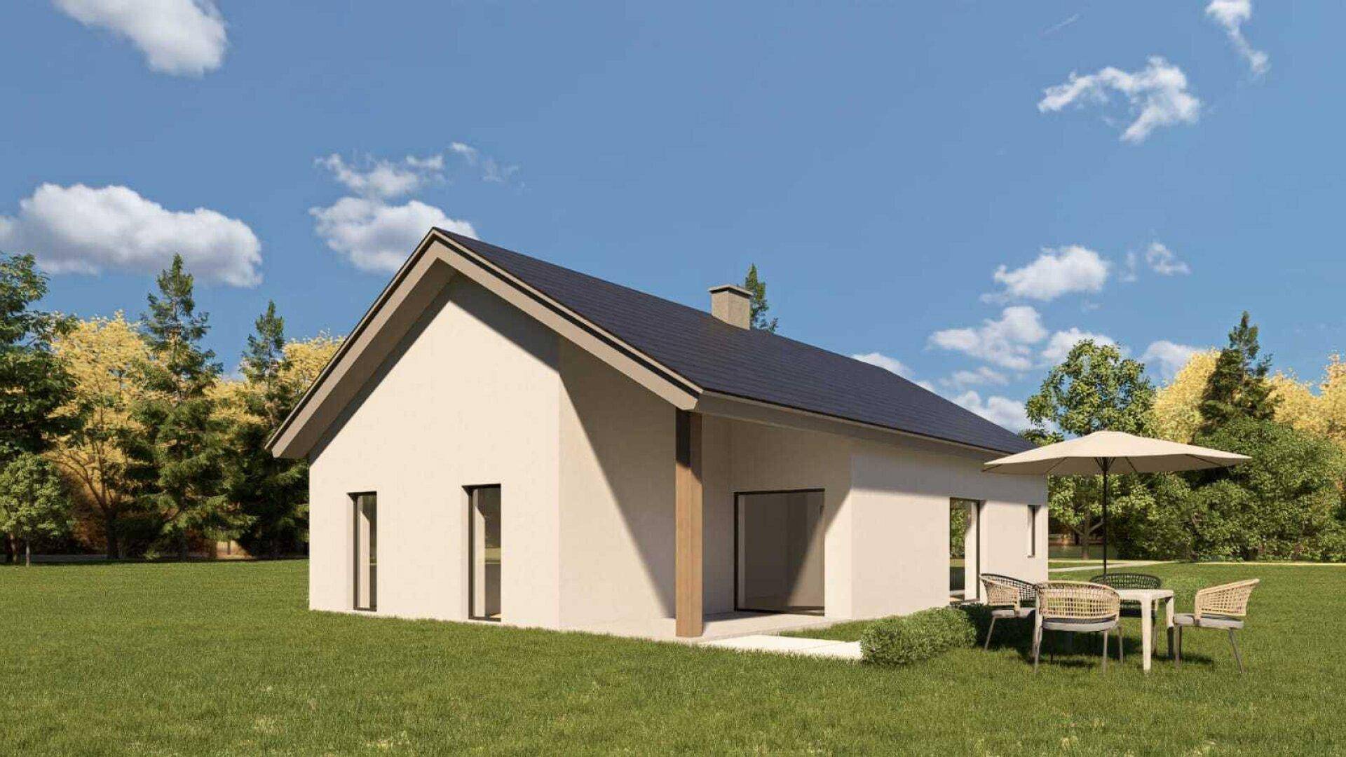 Rückansicht des modernen Hauses mit Zugang zum Garten und einem gemütlichen Essbereich im Freien.
