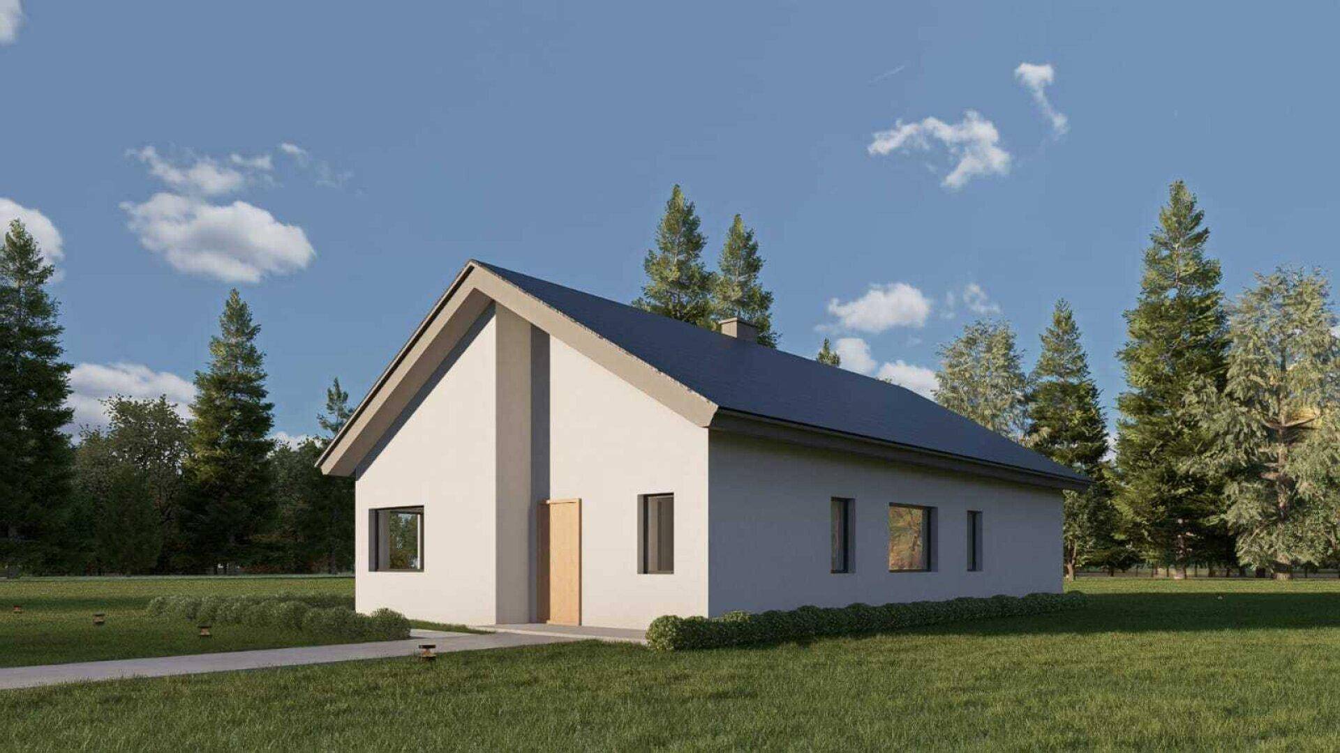 Seitenansicht eines modernen Einfamilienhauses mit schlichtem Design und umgebender Natur.