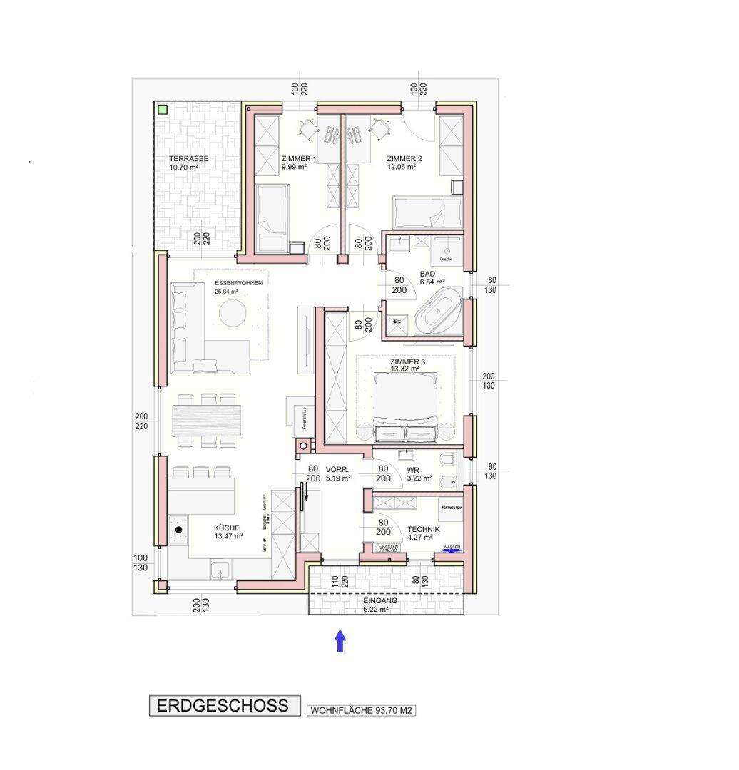 Detaillierter Grundriss des Erdgeschosses mit Wohn-Essbereich, Küche, drei Zimmern und Terrasse.