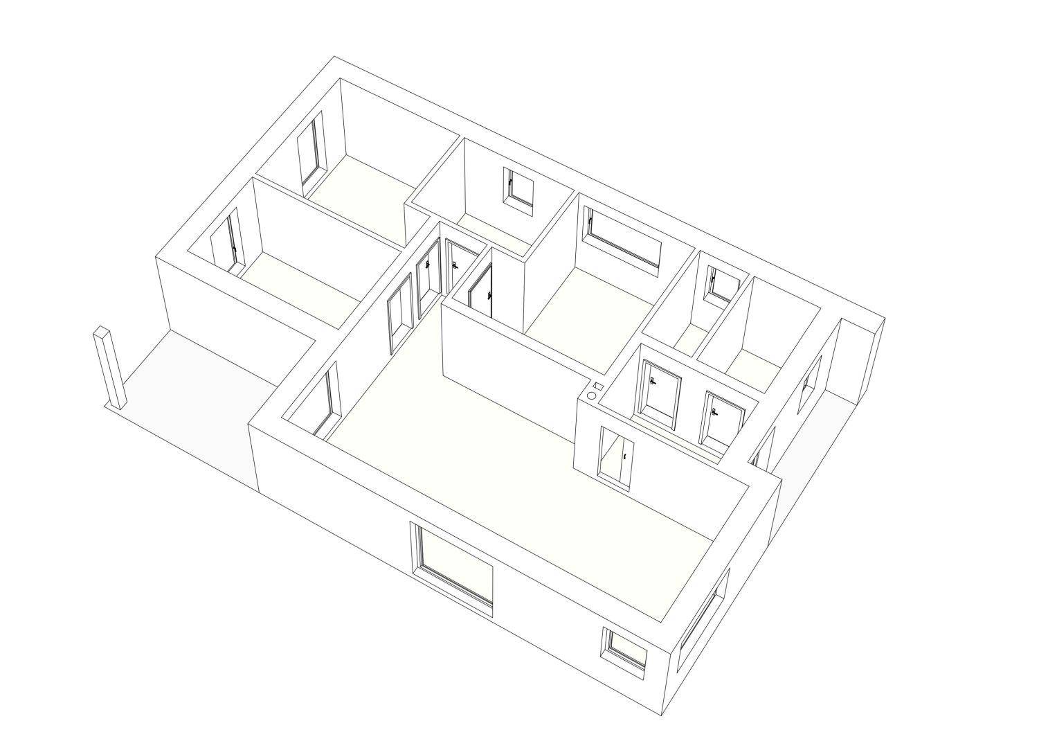 Dreidimensionale Darstellung des Grundrisses mit Raumaufteilung und Fensterpositionen.