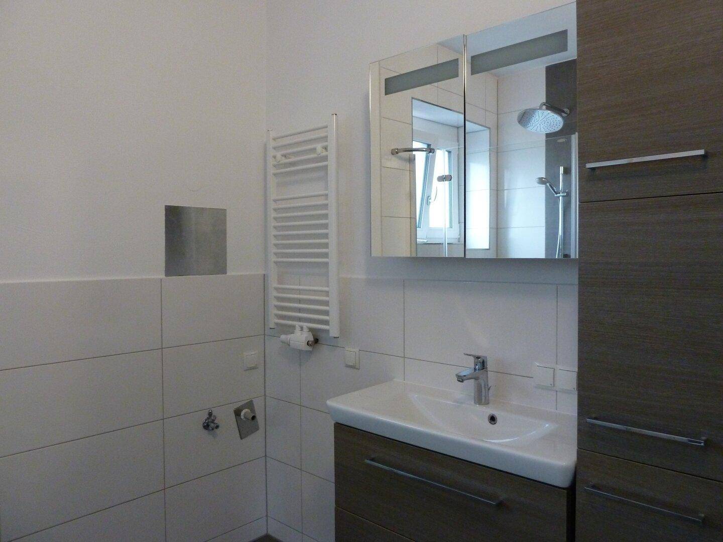 Modernes Badezimmer mit Waschbecken, Spiegelschrank und beheiztem Handtuchhalter.