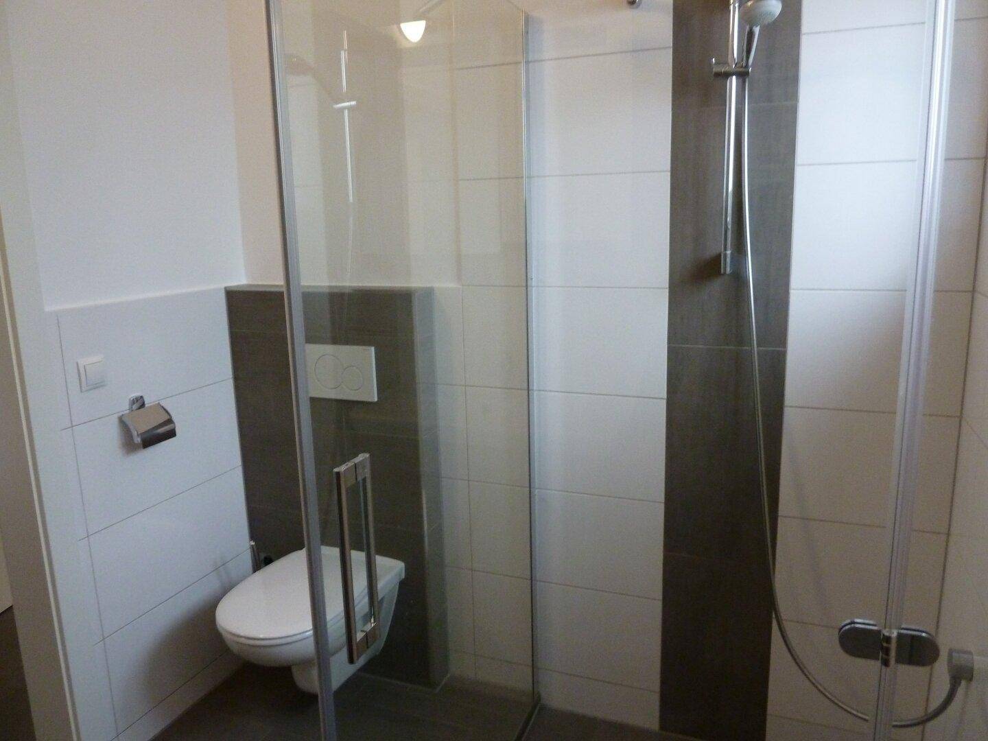 Duschbereich im modernen Badezimmer mit Glasabtrennung, Wand-WC und Fliesen.