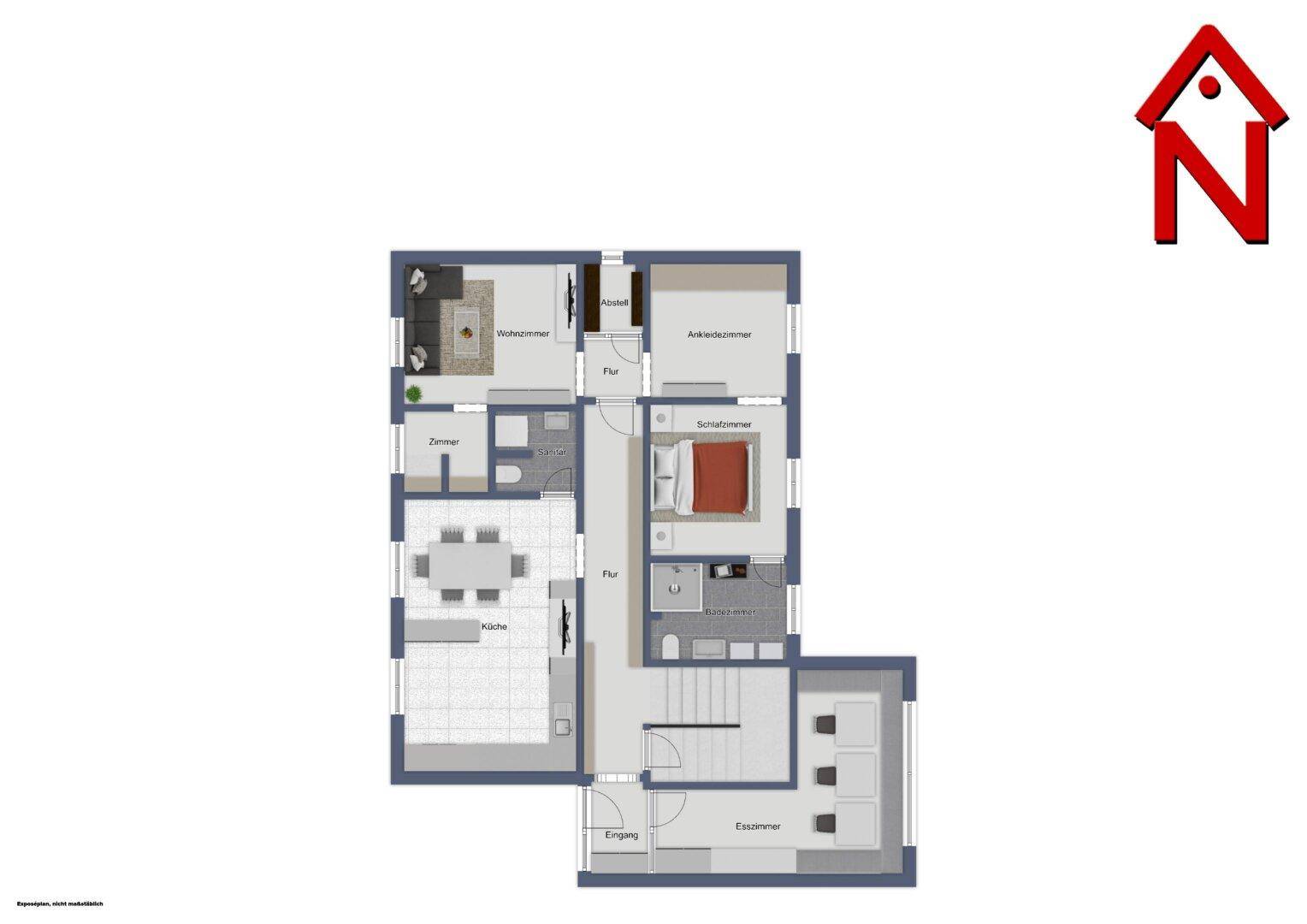 Grundriss des Erdgeschosses mit Wohnzimmer, Küche und Essbereich.