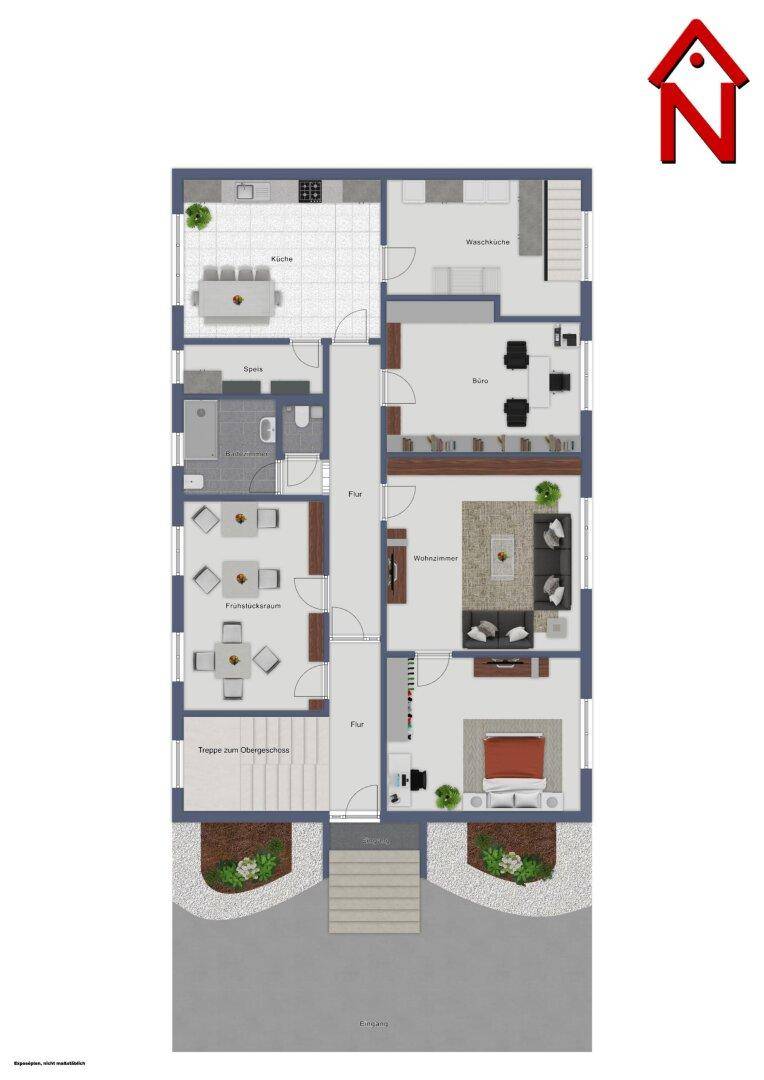Grundriss des ersten Obergeschosses mit Küche, Wohnzimmer, Schlafzimmer und Badezimmern.