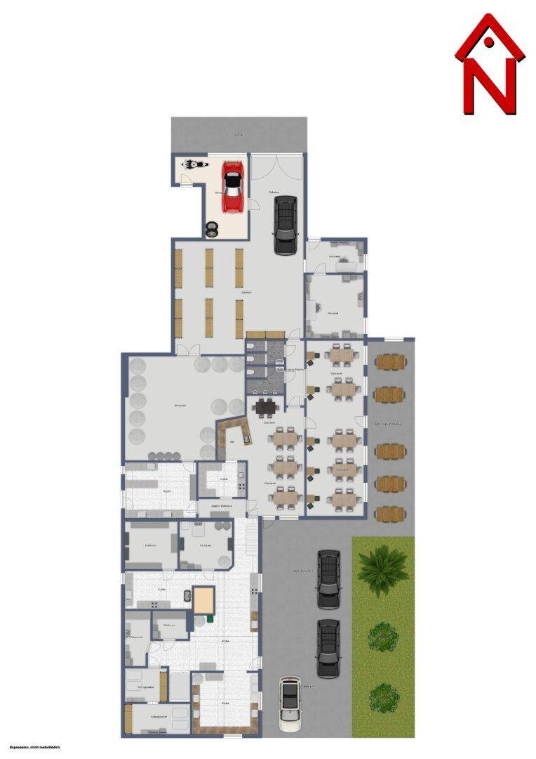 Detaillierter Grundriss des Erdgeschosses mit verschiedenen Funktionsbereichen und Parkplätzen.