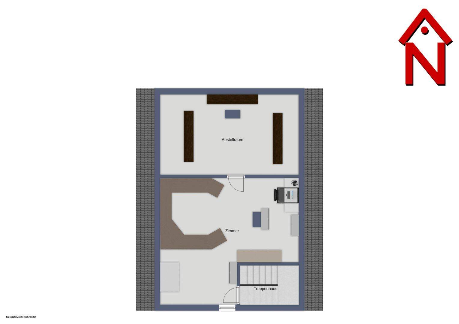 Grundriss des Dachgeschosses mit Abstellraum und einem weiteren Zimmer.