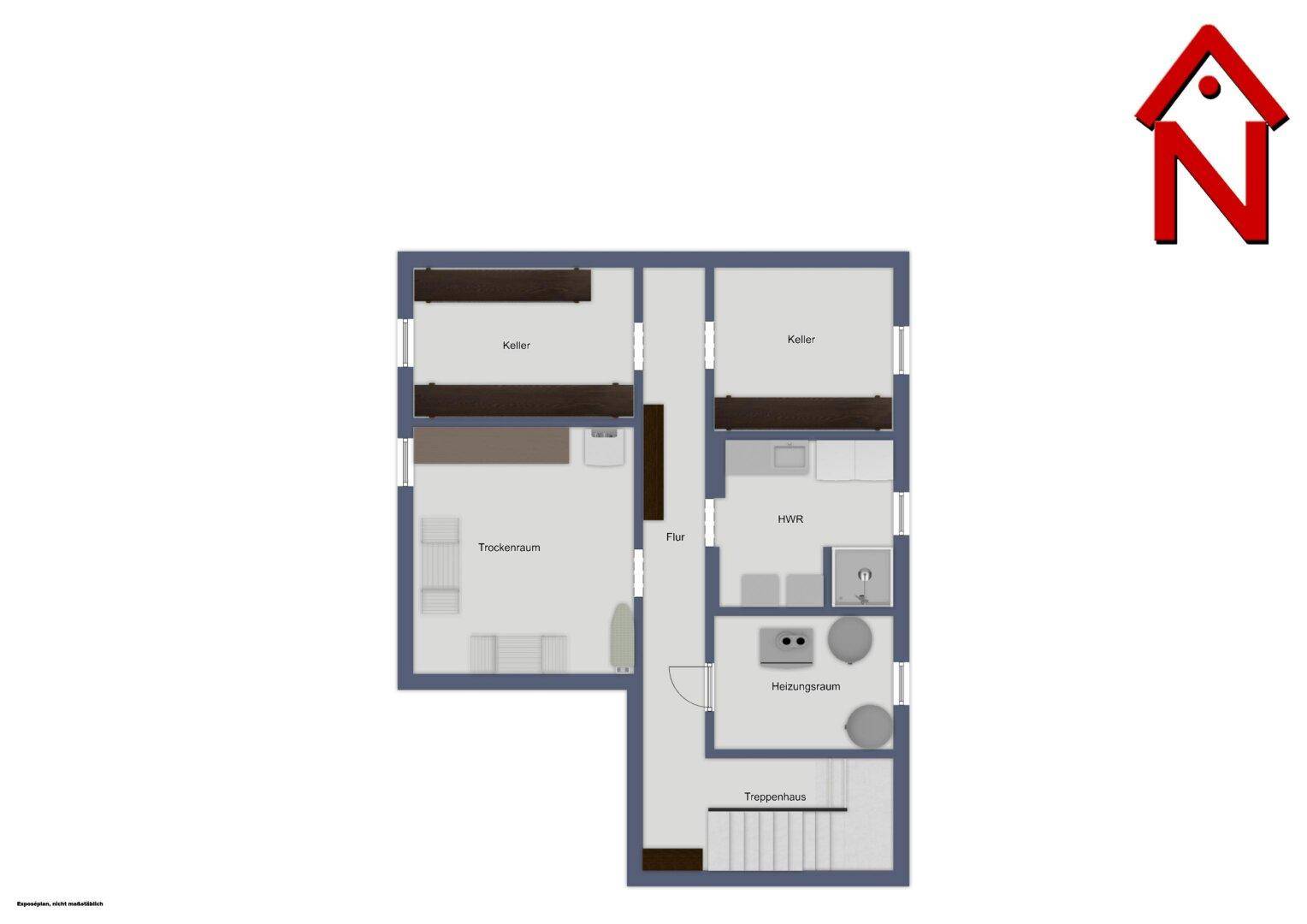 Grundriss des Kellergeschosses mit Kellerräumen, Heizungsraum und Trockenraum.