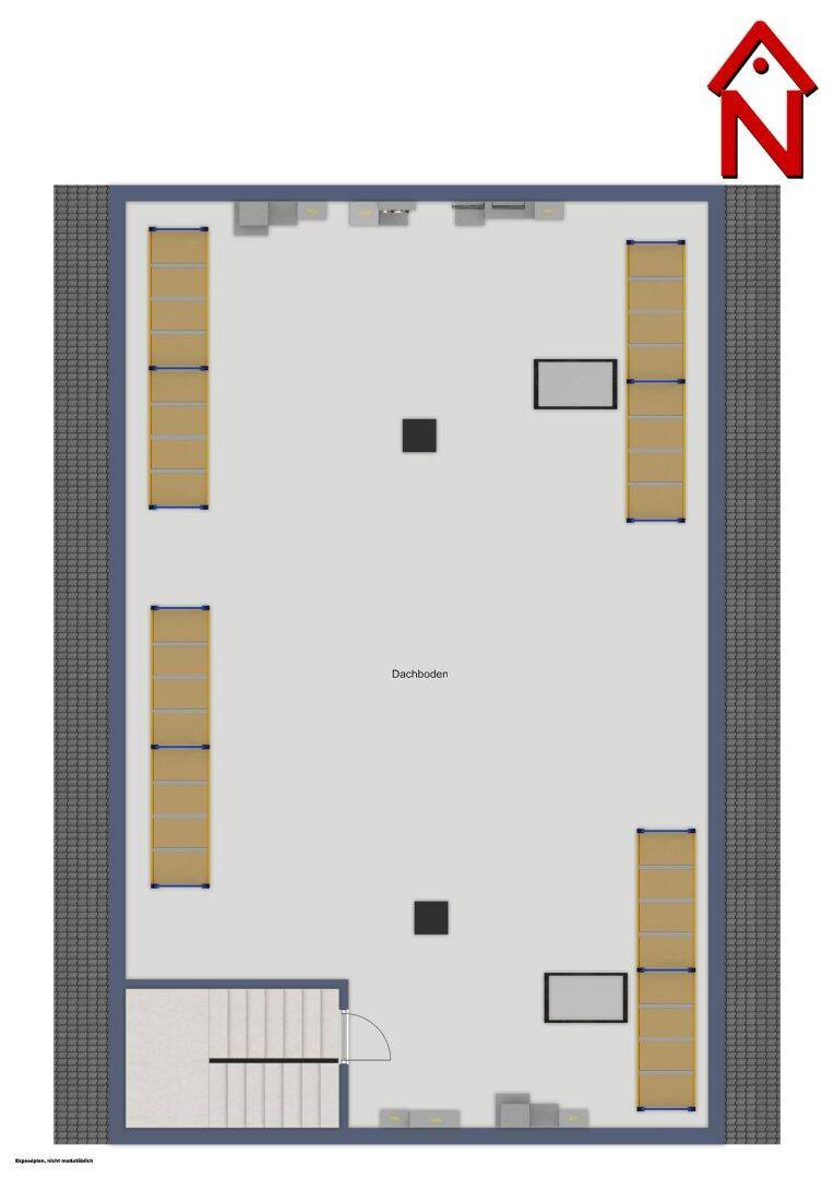 Grundriss des Dachbodens mit Lagerflächen und Zugang über eine Treppe.