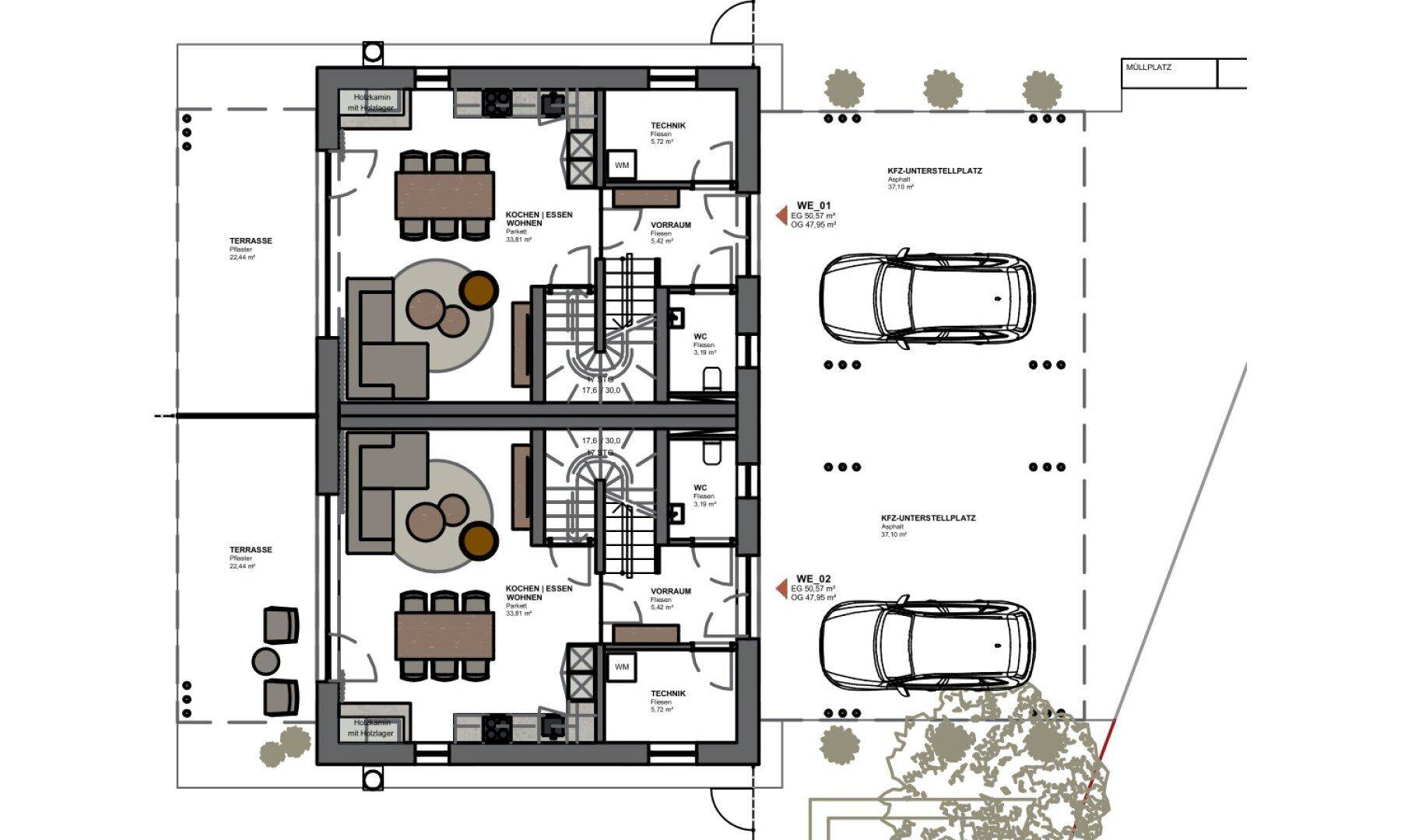 Grundriss des Erdgeschosses mit offenem Wohnbereich, Terrasse und Carport.