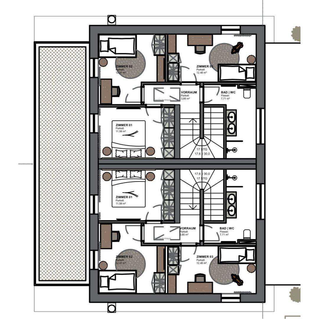 Grundriss des Obergeschosses mit drei Schlafzimmern und einem Badezimmer.