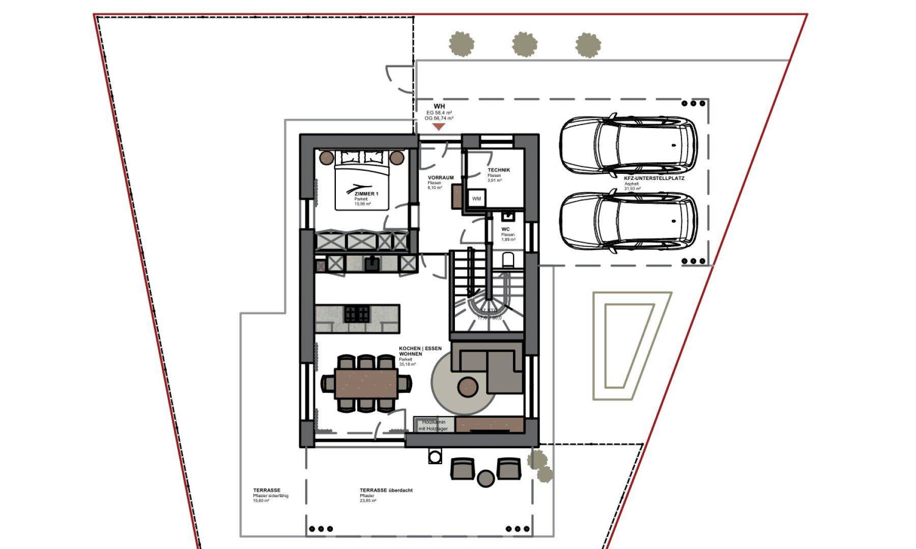 Grundriss des Erdgeschosses mit offenem Wohnbereich, Terrasse und zwei Stellplätzen.