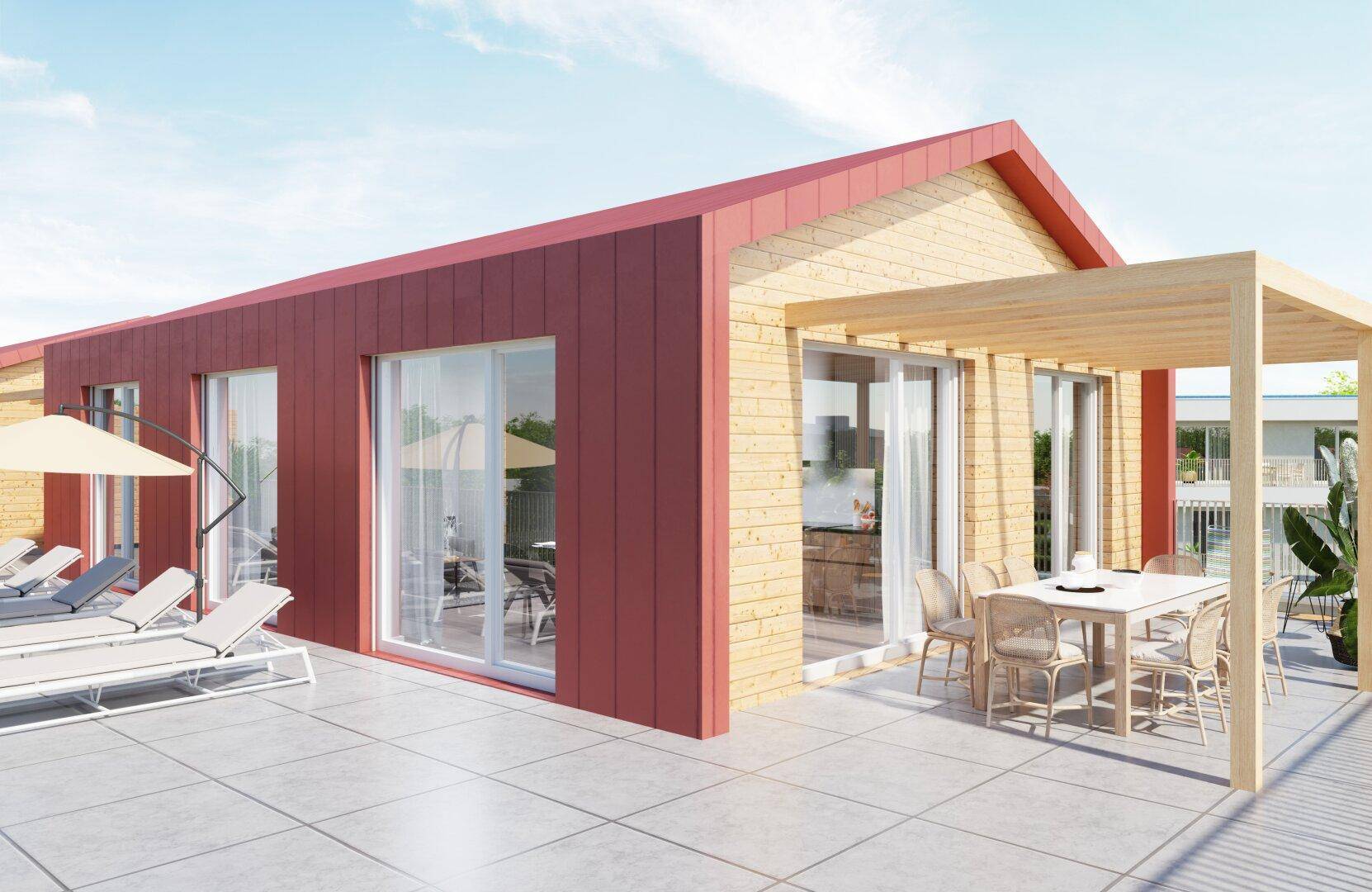 Geräumige, modern gestaltete Terrasse mit Essbereich, Sonnenliegen und einer Holzpergola.