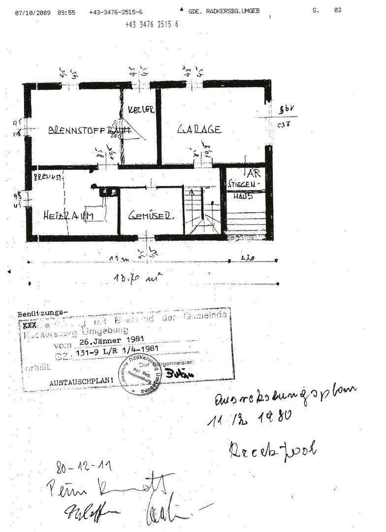 Grundriss des Kellergeschosses mit Heizraum, Brennstoffraum, Garage und Gemüsekeller.