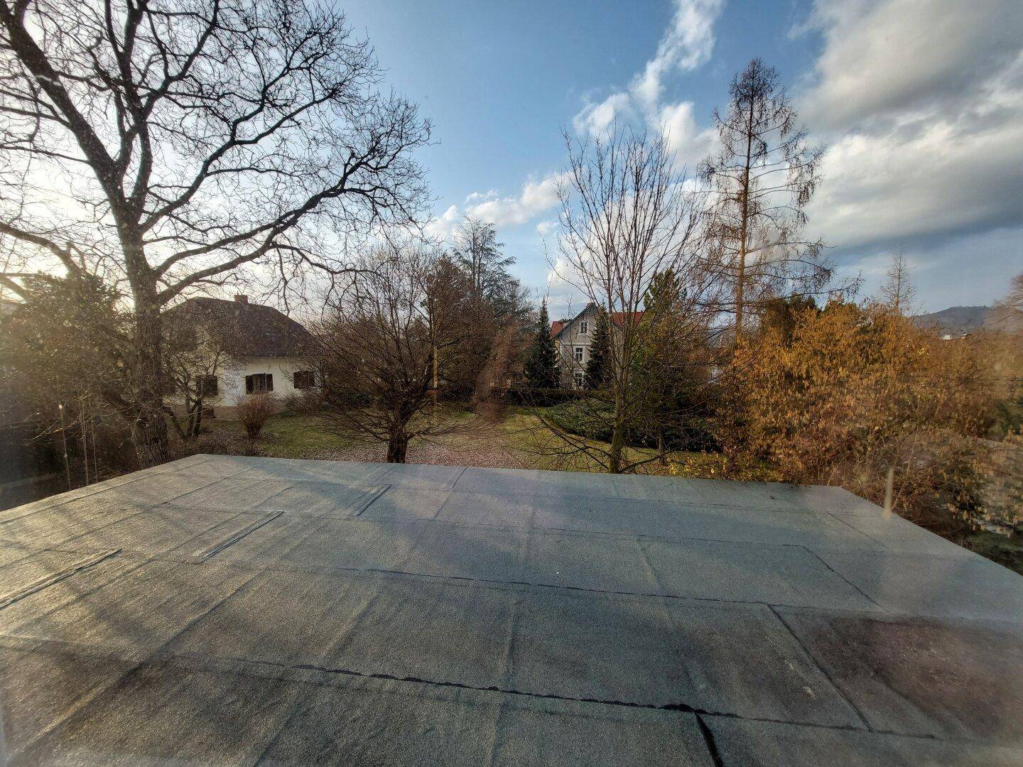 Ausblick über ein Flachdach auf die umliegende Landschaft und weitere Häuser.
