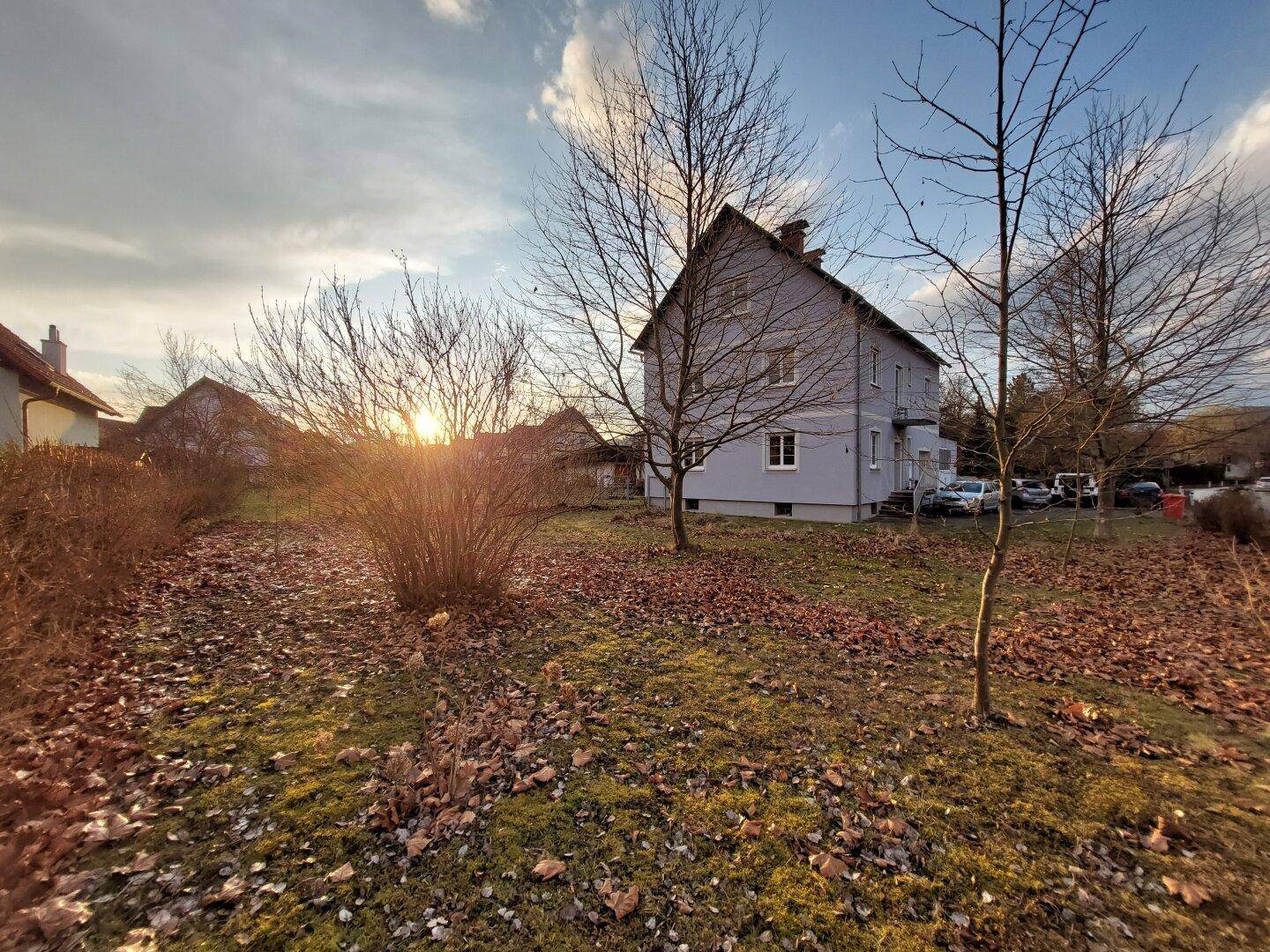 Großer Gartenbereich mit Rasenfläche und Bäumen, ideal für Erholung im Freien.