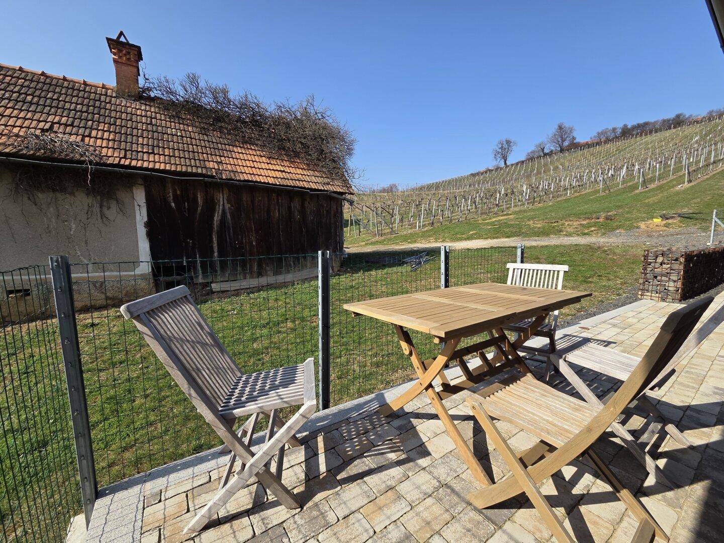 Gemütliche Terrasse mit Holztisch und Stühlen, umgeben von grünen Weinbergen und ländlicher Idylle.