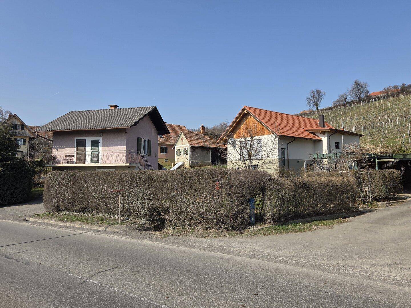 Ländliche Umgebung mit Häusern, Hecken und Weinbergen am Horizont.