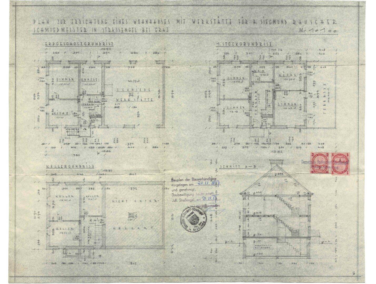 Historischer Grundriss des Wohnhauses mit Werkstatt, Keller und Obergeschossen.