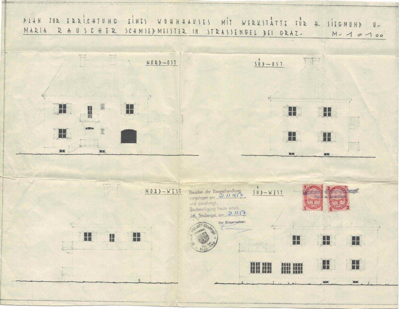 Historische Ansichten des Wohnhauses von verschiedenen Himmelsrichtungen.
