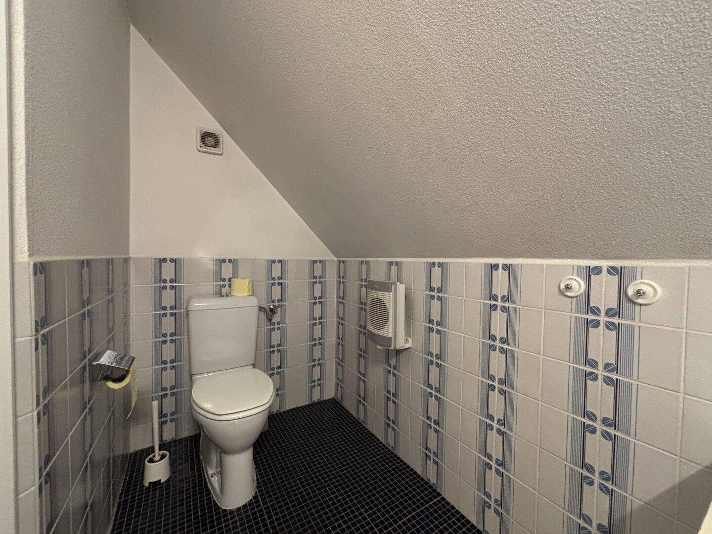 WC im Dachgeschoss mit Schräge und blau-weiß gemusterten Wandfliesen.