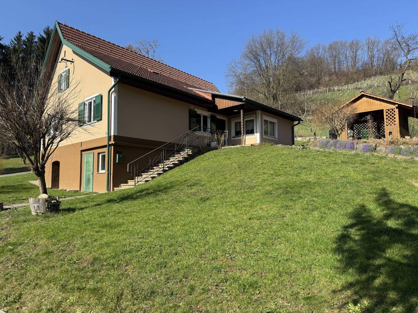 Rückansicht des Hauses mit Treppe zum Eingang und angrenzendem Weinberg.
