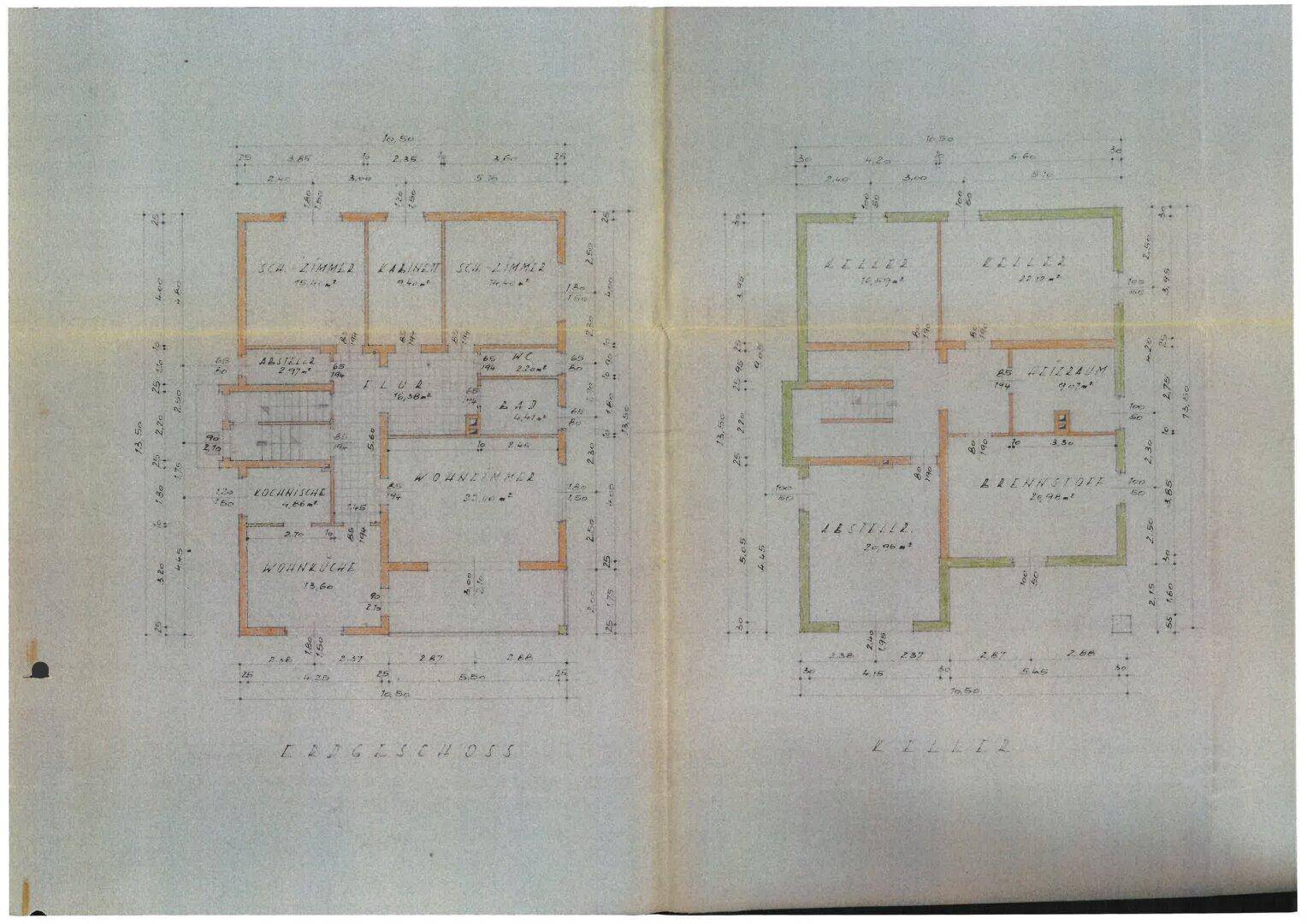 Detaillierter Grundriss des Erdgeschosses und Obergeschosses mit Raumaufteilung und Maßen.