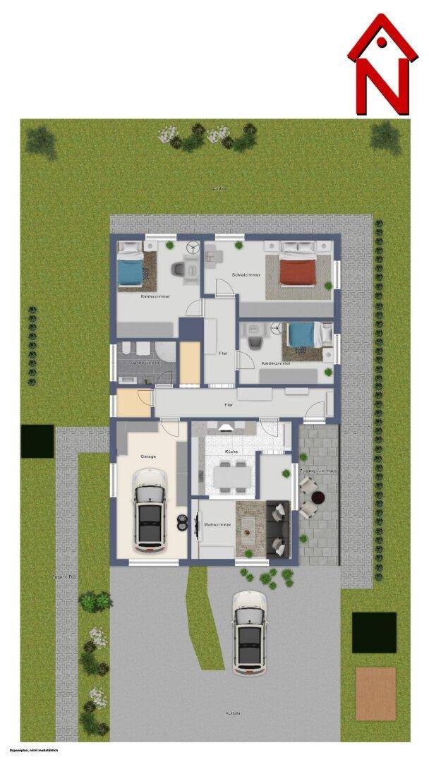 Grundriss des Erdgeschosses mit Garage, Wohnbereich, Küche und drei Schlafzimmern.