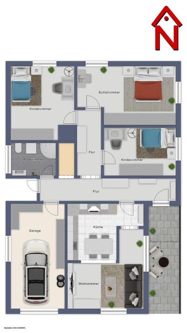 Grundriss des Erdgeschosses mit Garage, Wohnzimmer, Küche und drei Schlafzimmern.