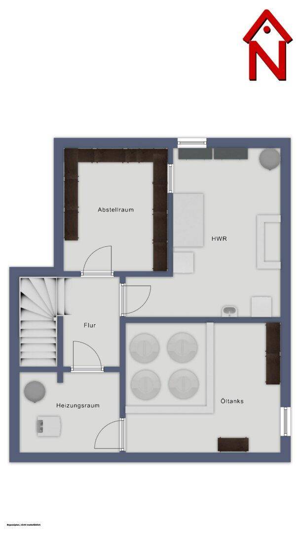 Grundriss des Kellergeschosses mit Abstellraum, Heizungsraum und Öltanks.
