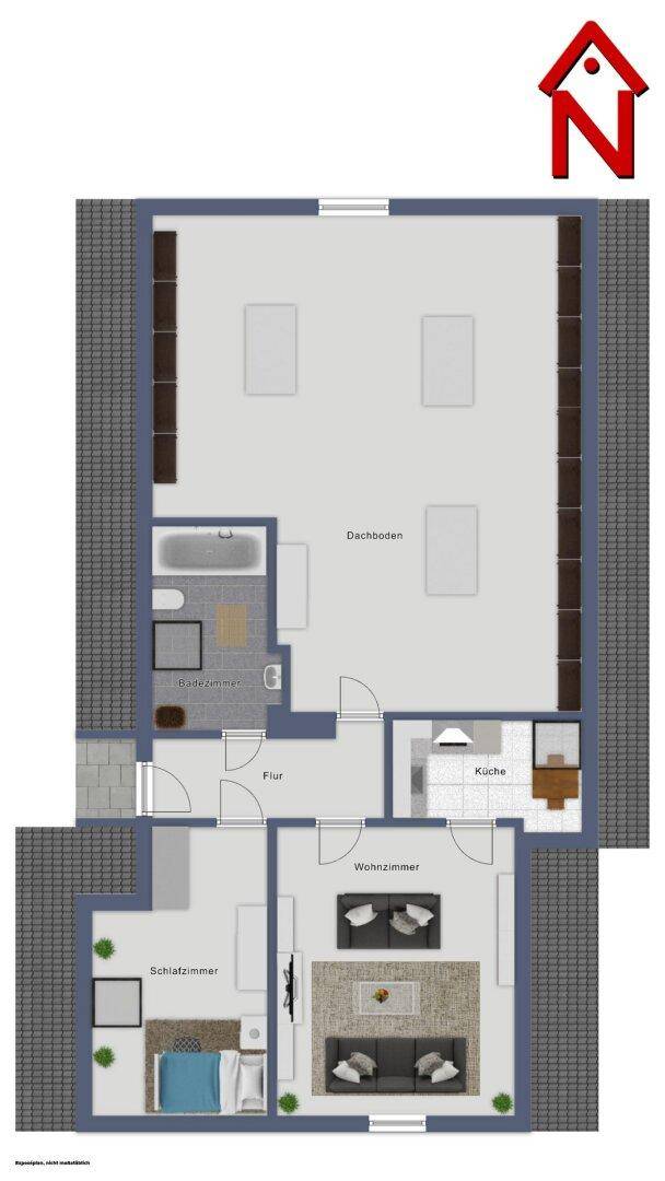 Grundriss des Obergeschosses mit Wohnzimmer, Schlafzimmer, Bad und Dachboden.