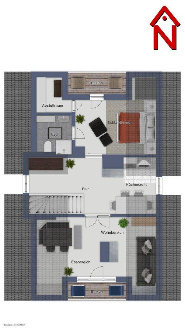 Grundriss des Dachgeschosses mit Wohnbereich, Essbereich, Küche und Balkon.