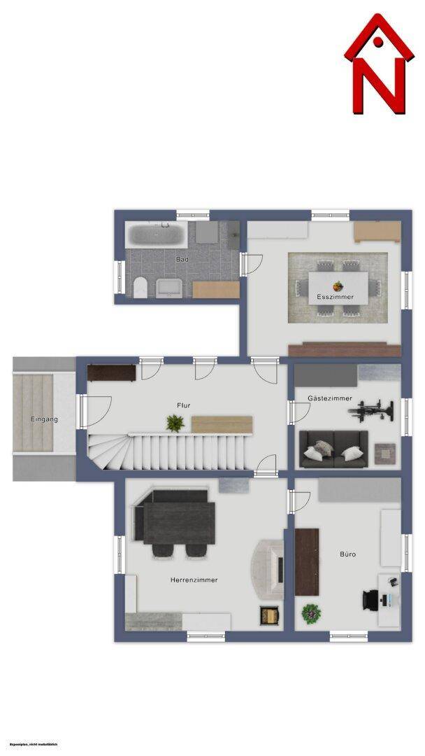 Grundriss des Erdgeschosses mit Esszimmer, Gästezimmer, Büro und Bad.