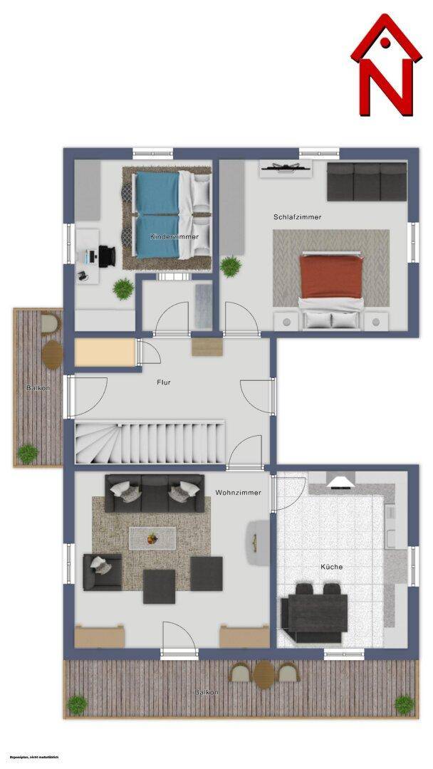 Grundriss des Obergeschosses mit Schlafzimmern, Wohnzimmer und Küche.