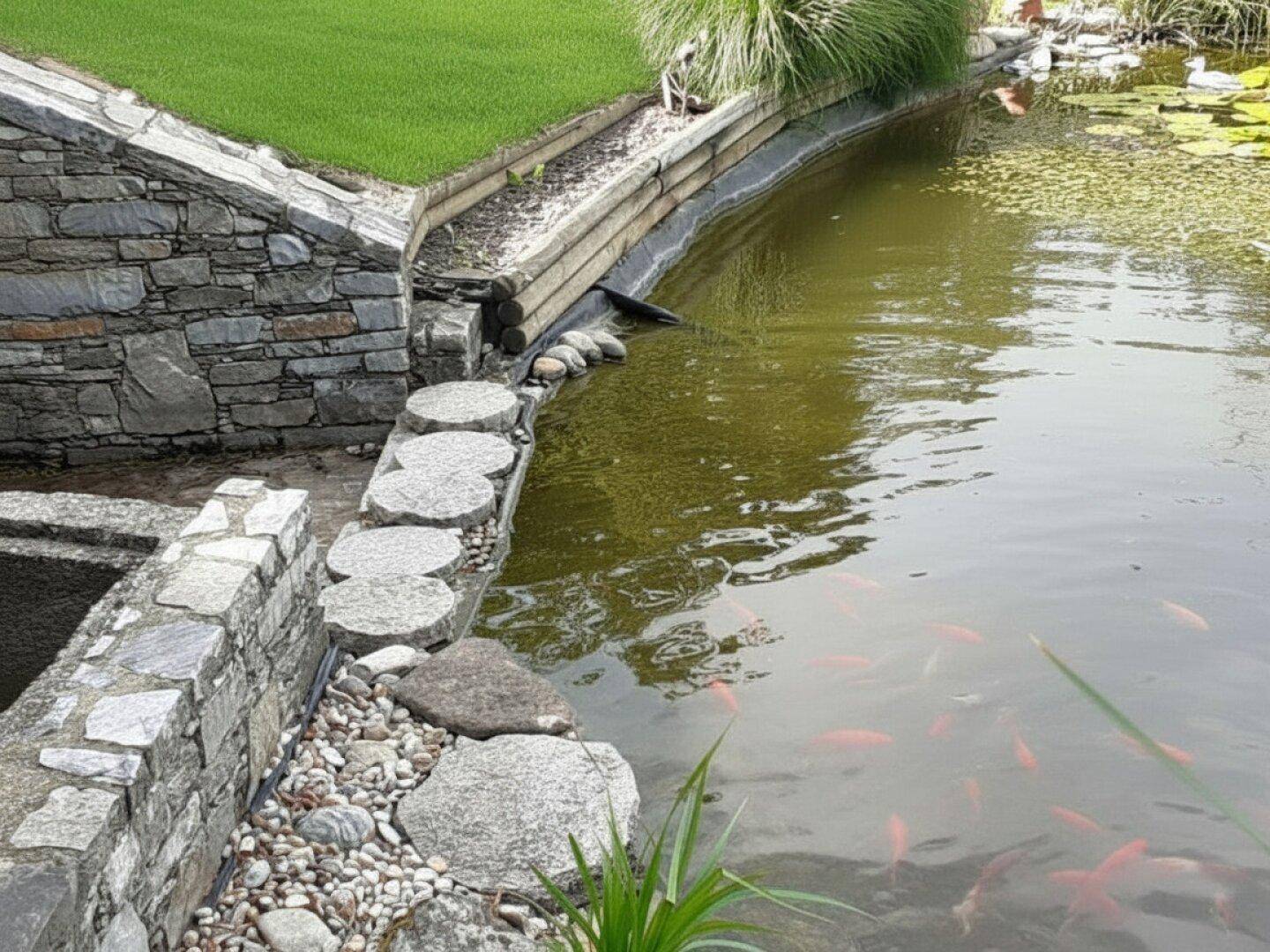 Natürlicher Gartenteich mit Goldfischen, umgeben von Steinmauern und Trittsteinen.