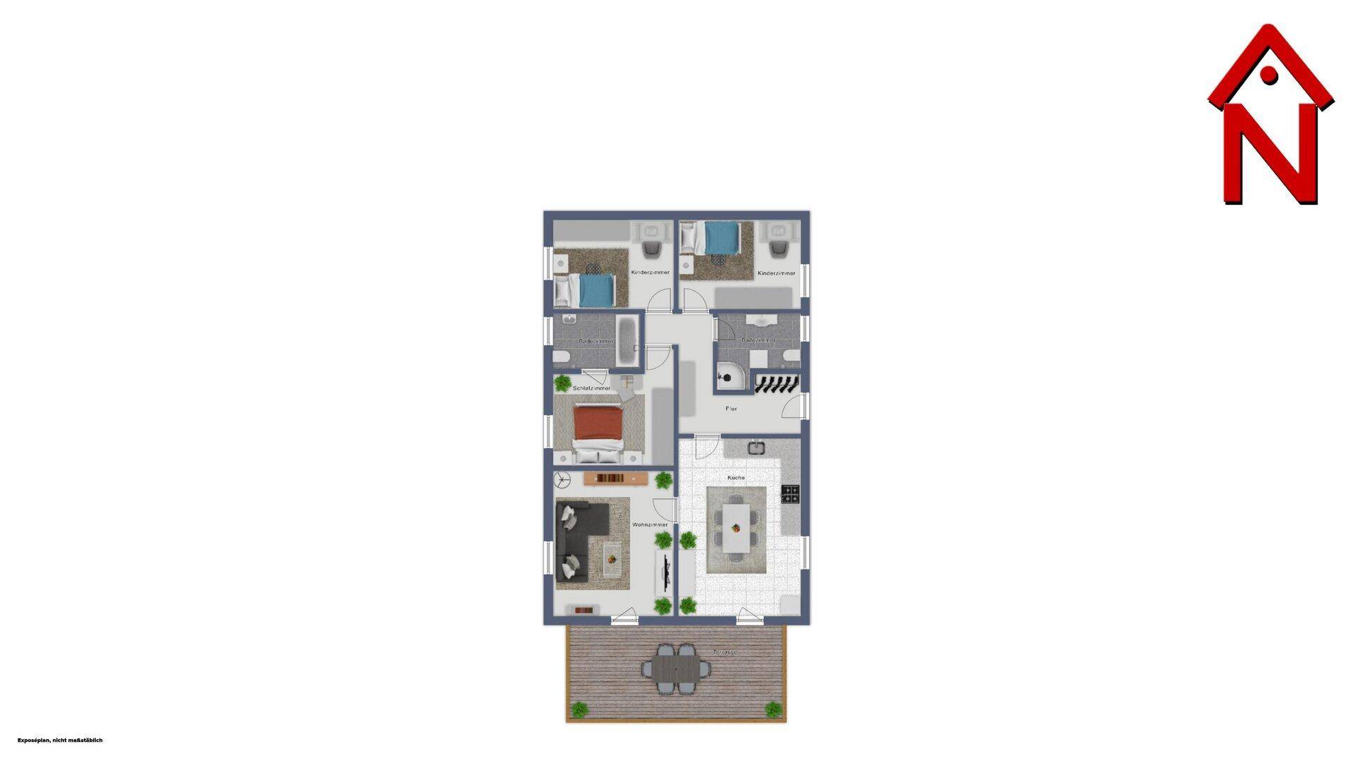 Detaillierter Grundriss einer Wohnung mit mehreren Zimmern und einer großzügigen Terrasse.