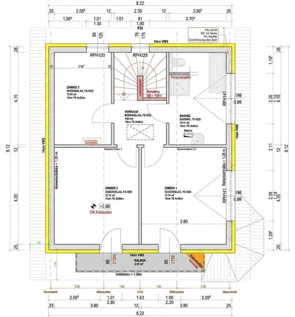 Grundriss des Obergeschosses mit drei Schlafzimmern und einem Badezimmer.