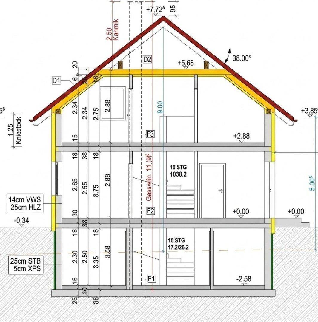 Schnittzeichnung des Hauses zeigt die verschiedenen Ebenen und Dachneigung.
