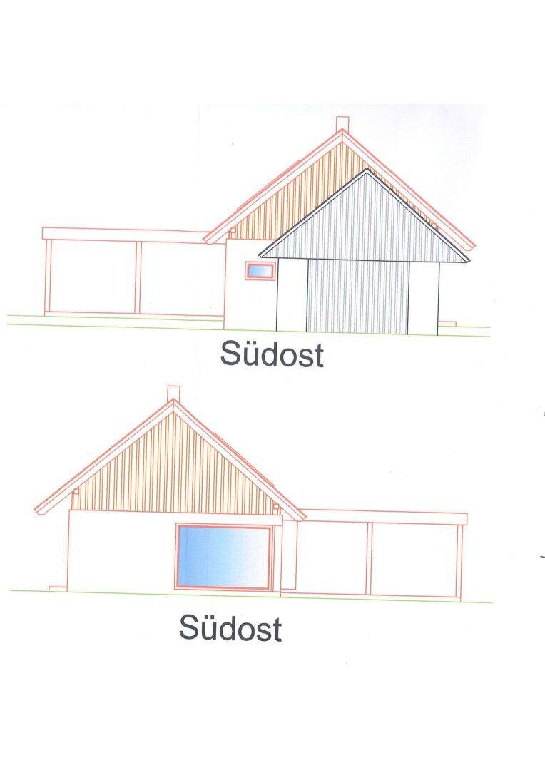 Seitenansichten des Gebäudes von Südost mit Giebeldach und großen Fensterfronten.