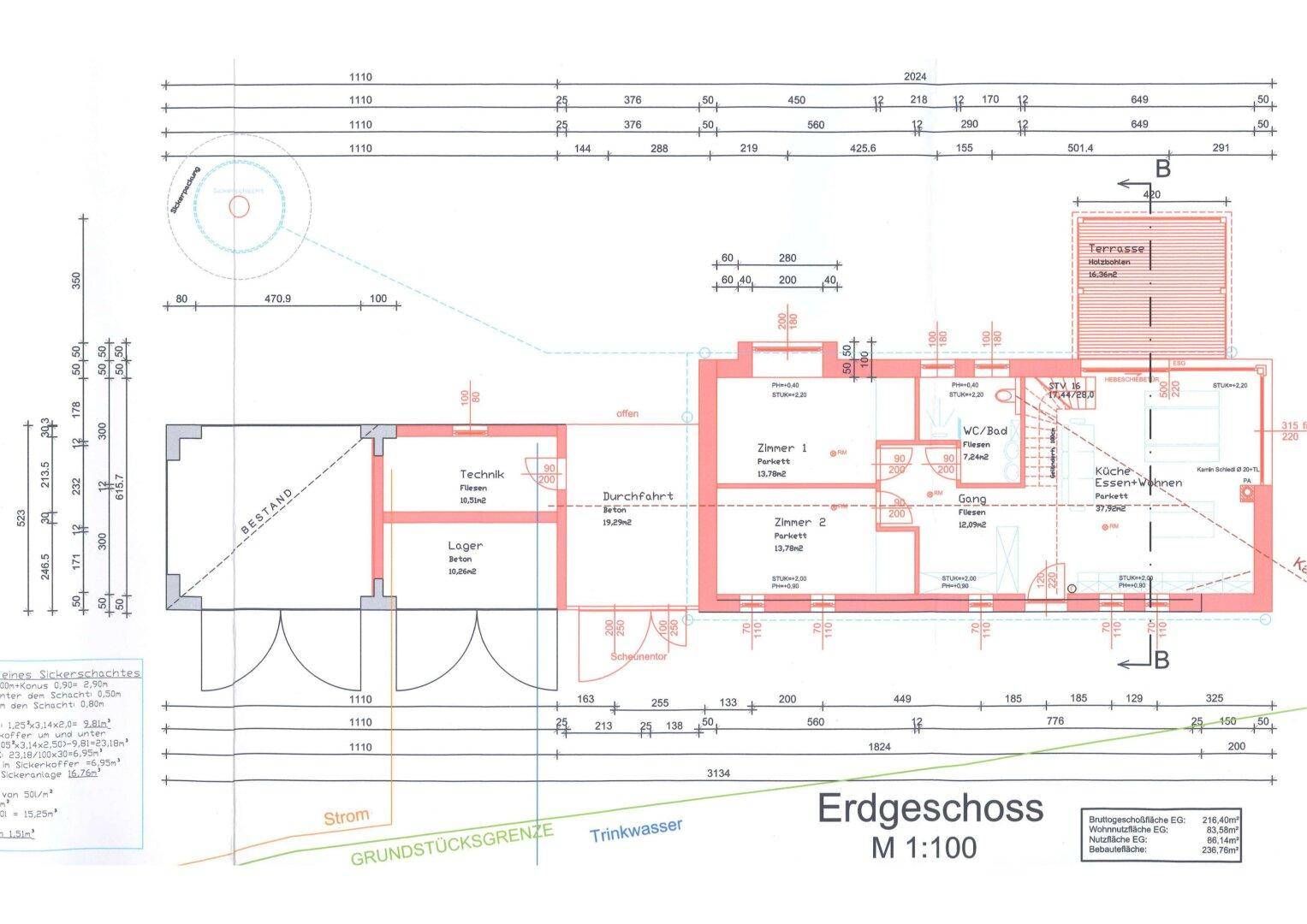 Grundriss des Erdgeschosses mit Zimmern, Bad, Küche und Terrasse.