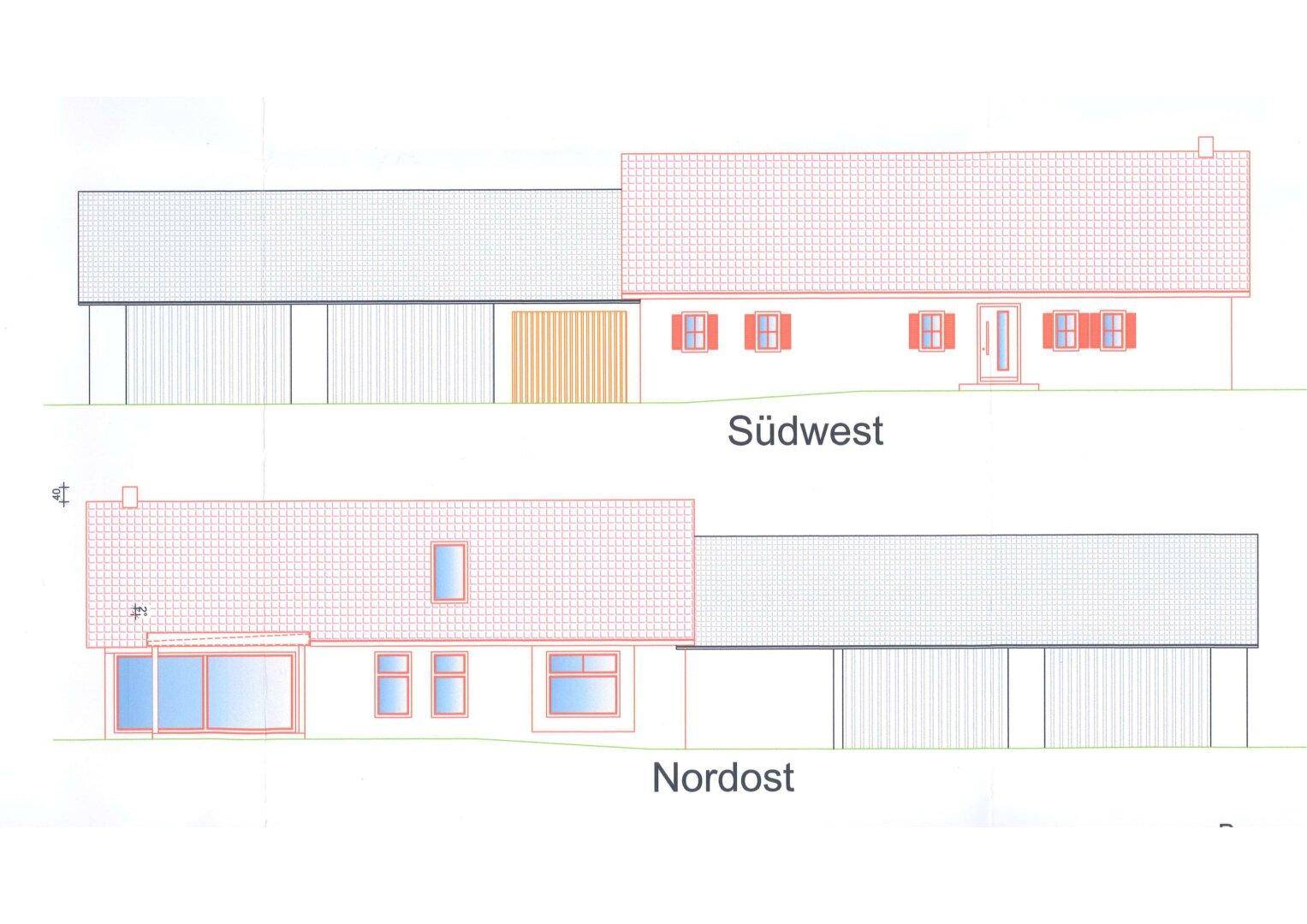 Ansichten des Gebäudes von Südwest und Nordost mit Satteldach und verschiedenen Fenstertypen.