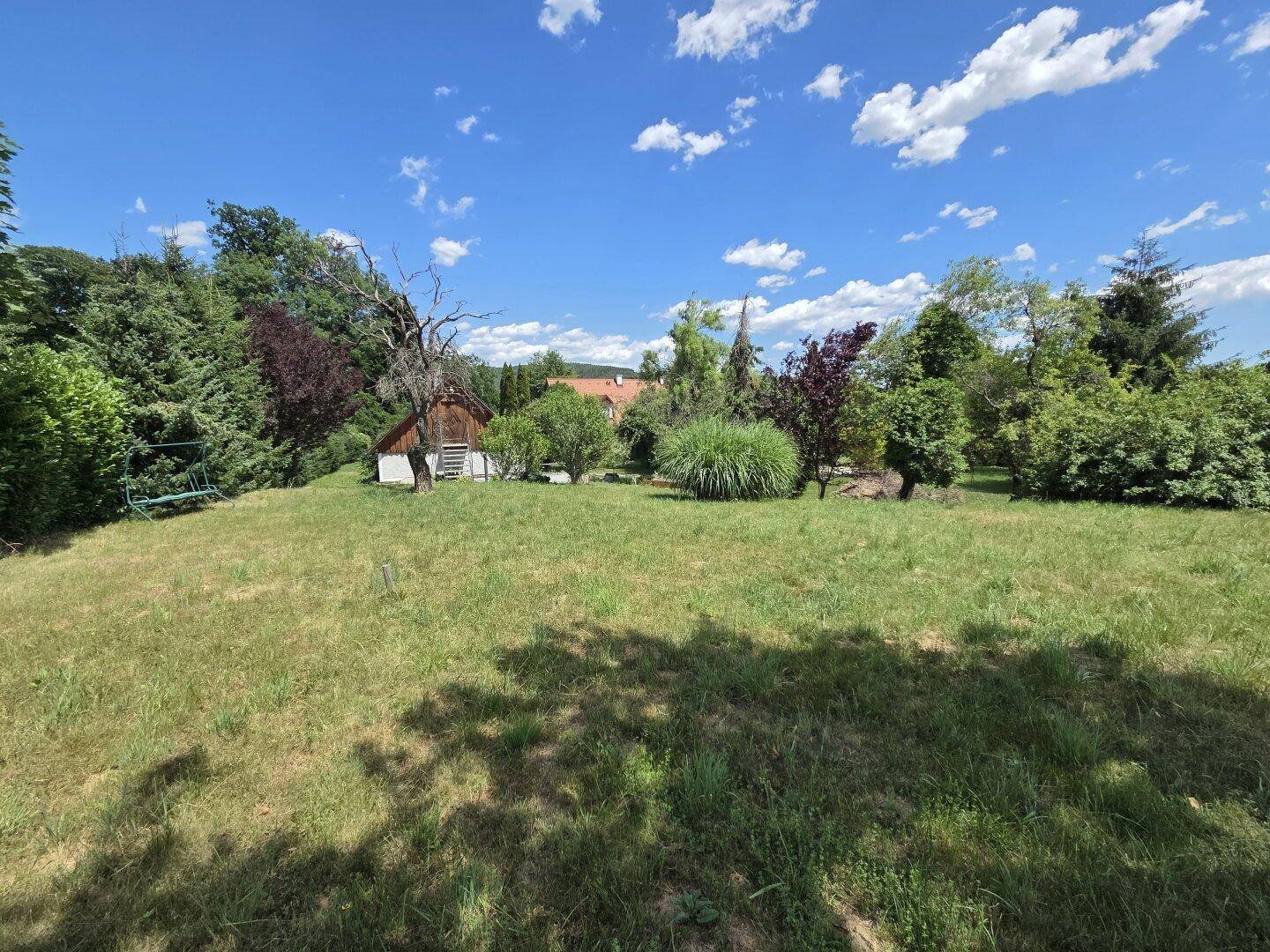 Große Rasenfläche mit Gartenhaus und altem Baumbestand unter blauem Himmel.