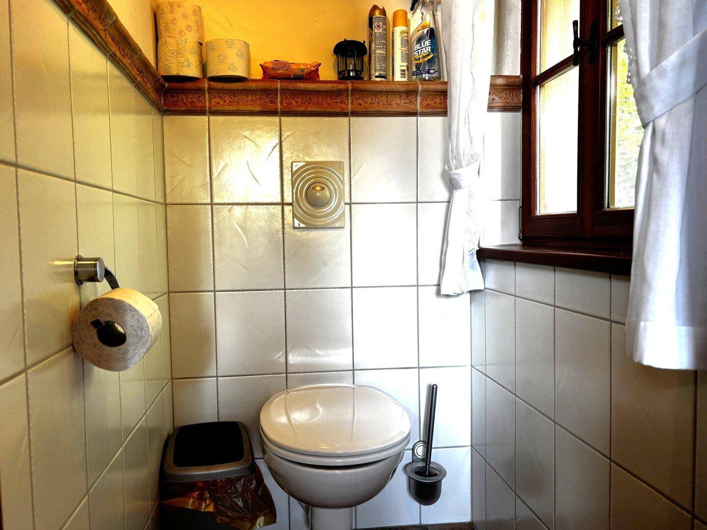 Separates WC mit wandhängender Toilette und Fenster, einfach gefliest und funktional eingerichtet.