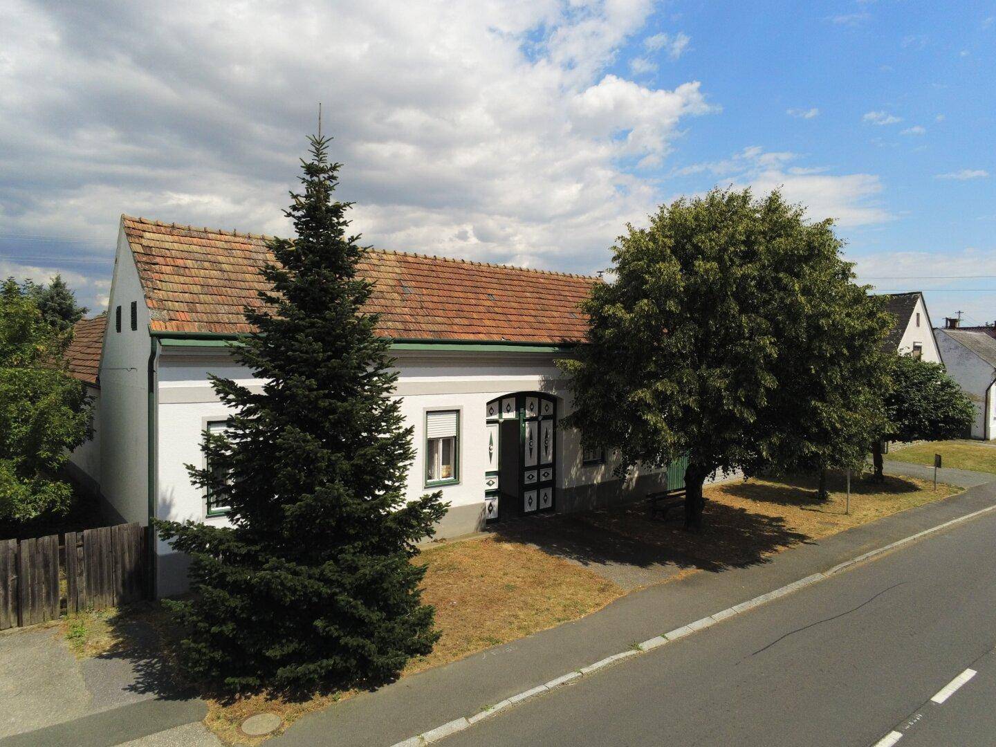Traditionelles Haus mit Ziegeldach und großem Nadelbaum an einer ländlichen Straße gelegen.