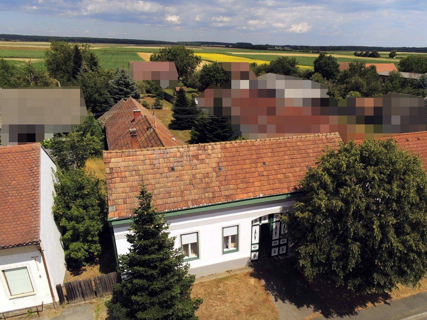Luftaufnahme eines traditionellen Hauses mit Ziegeldach, umgeben von Feldern und ländlicher Landschaft.