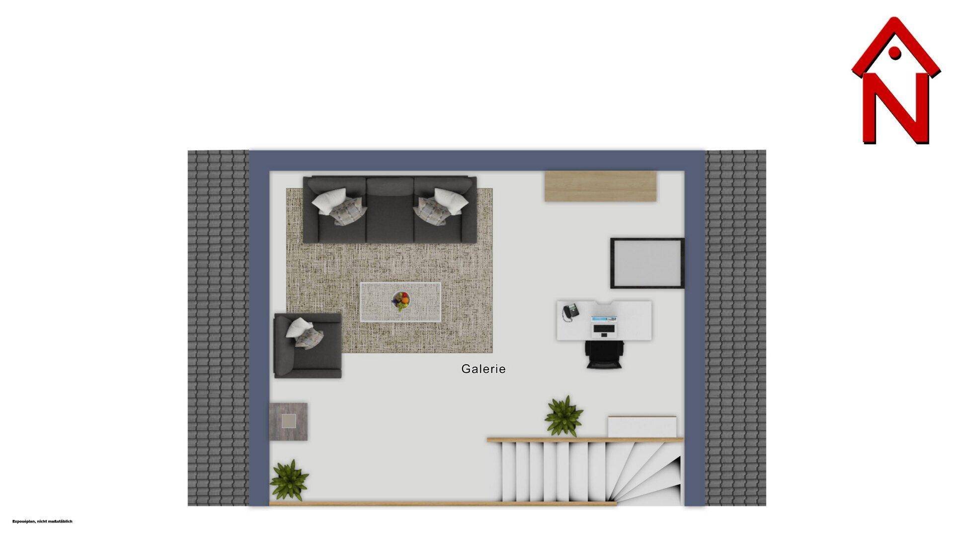 Grundriss der Galerieebene mit Wohnbereich und Arbeitsplatz, verbunden durch eine Treppe.